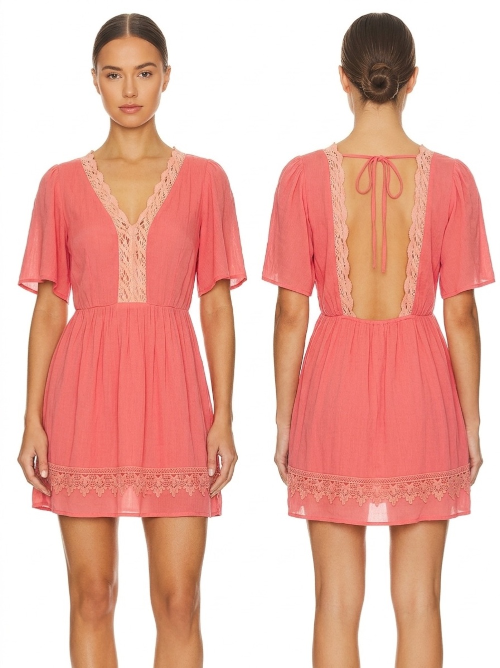 Altar'd State Coral Pink Lace Open Back Mini Dress Size Small